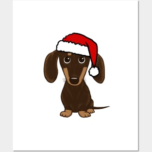 Chocolate Dachshund with Santa Hat Cute Wiener Dog Christmas Posters and Art